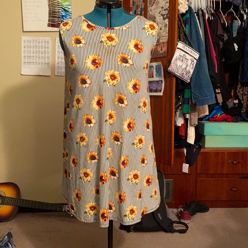 Black & white striped dress with sunflower pattern